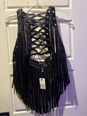Dolls Kill Black Faux Leather Fringe Lace-Up Vest